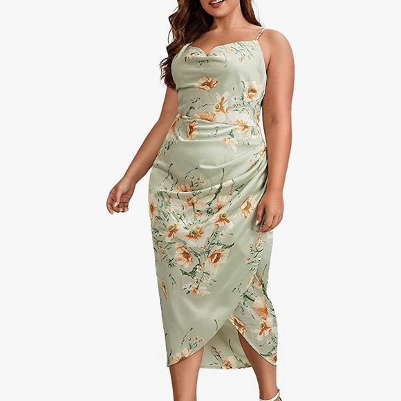 Floerns Plus Size Satin Cowl Neck Wrap Dress - Picture 5 of 10